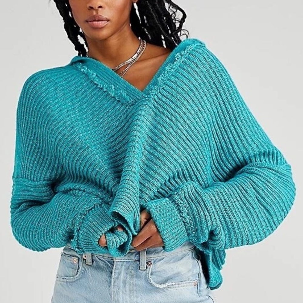 Free People Teal Marlie V-Neck Fringe Sweater Ribbed Oversized Cozy Baggy Size M